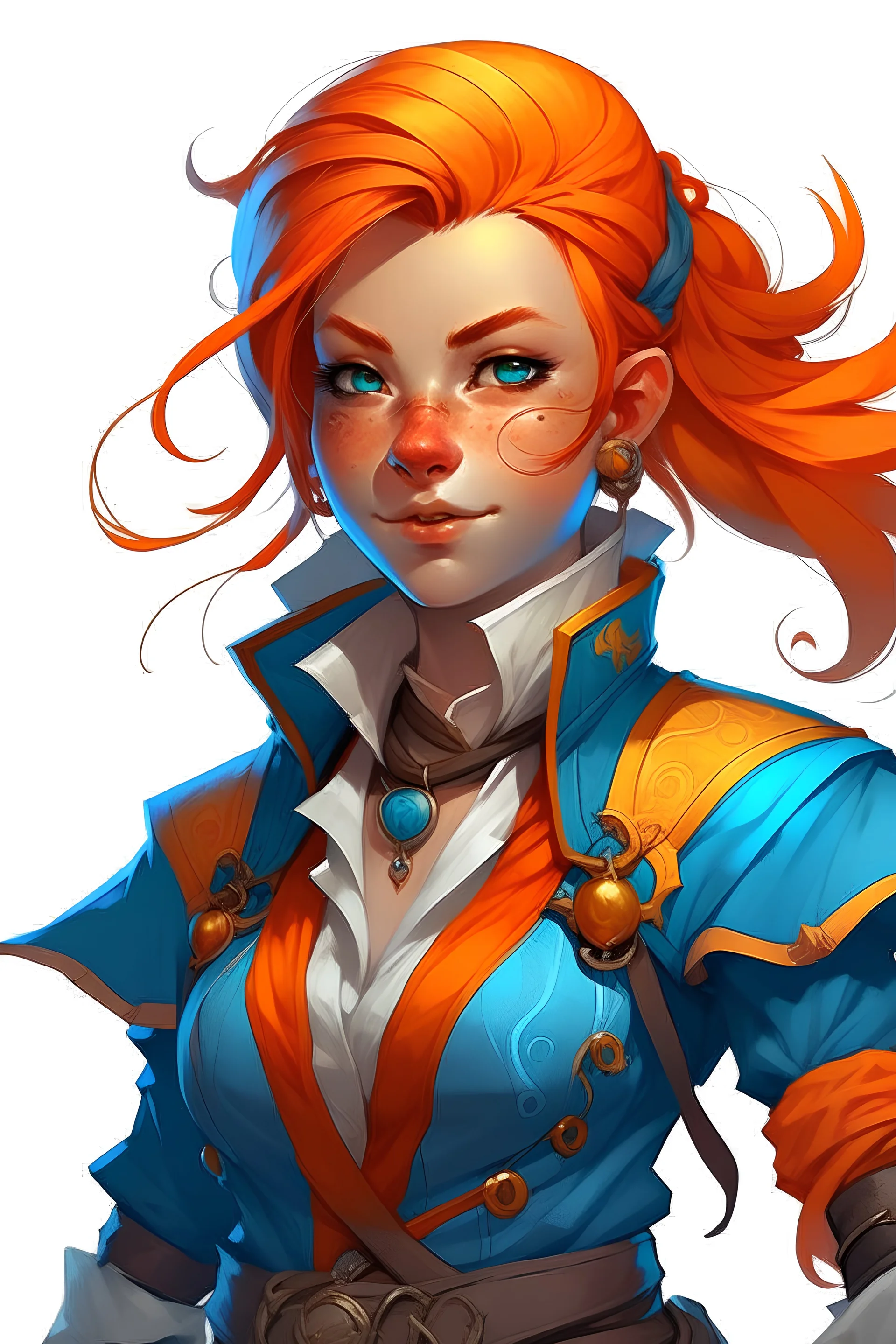 young female dnd air genasi pirate cleric with blue skin and orange ombre hair