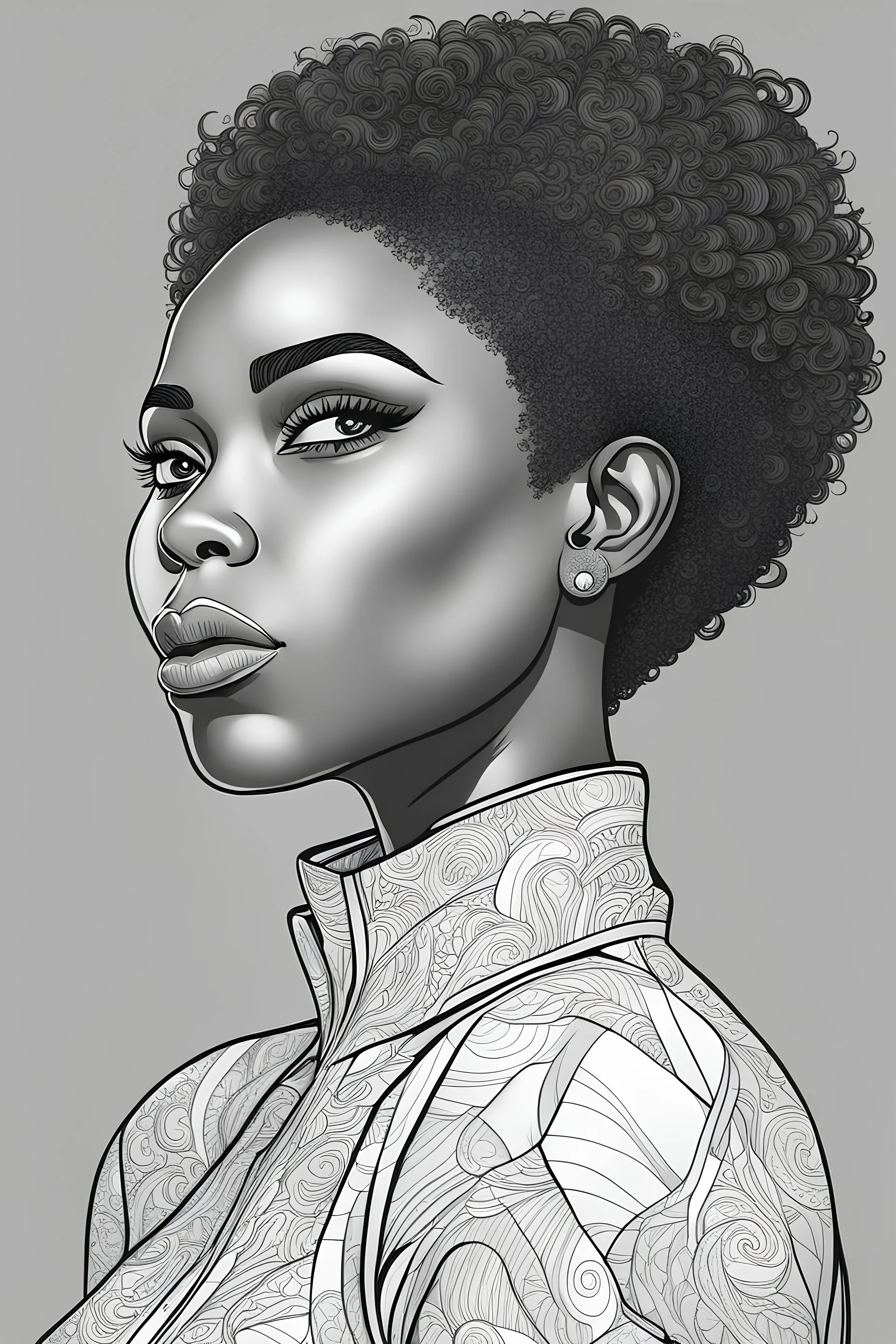 imagine coloring pages for adults, beautiful black woman looking to the side with both have very low haircuts, cartoon style, thick lines, low detail, black and white