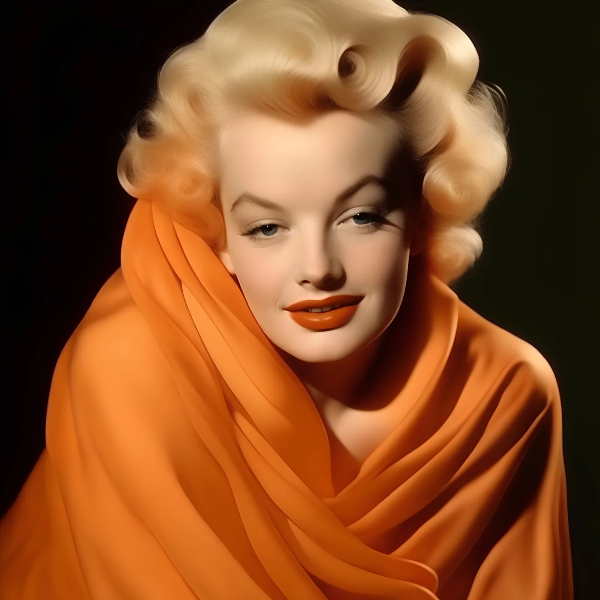 A photograph of cute marilyn monroe, messy hair, melancholy, eyes closed, no make up, in the style of milton greene, pale orange silk scarf around her shoulders, soft bacground