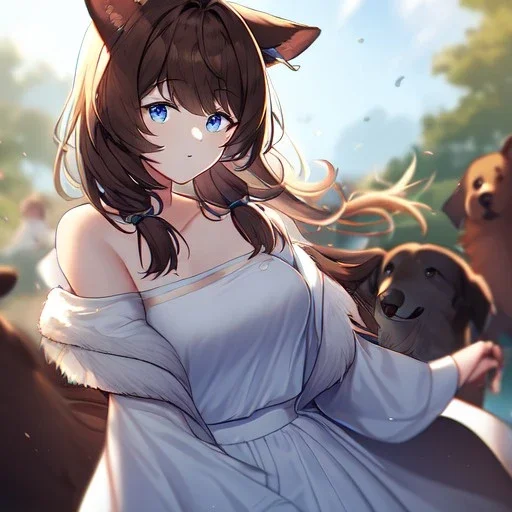 Clear focus, High resolution, Long fluffy brown hair, blue eyes, wearing a white skirt, detailed outfit, wearing a jacket oversized off shoulder, rough line, hair above ears, dog ears, off shoulder white shirt, chopped bangs, parted hair, medium locks straight