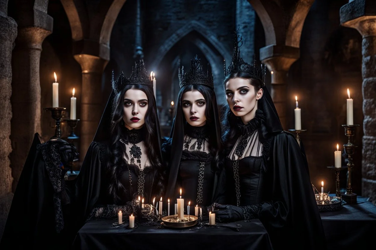 young gothic people with big dark shiny eyes, tiny nose, tiny mouth black nice cloth make a gothic party on big balkone in the castle, nightly mood,pale lights, candles, high detailed, weird, surreal mood, cinematic