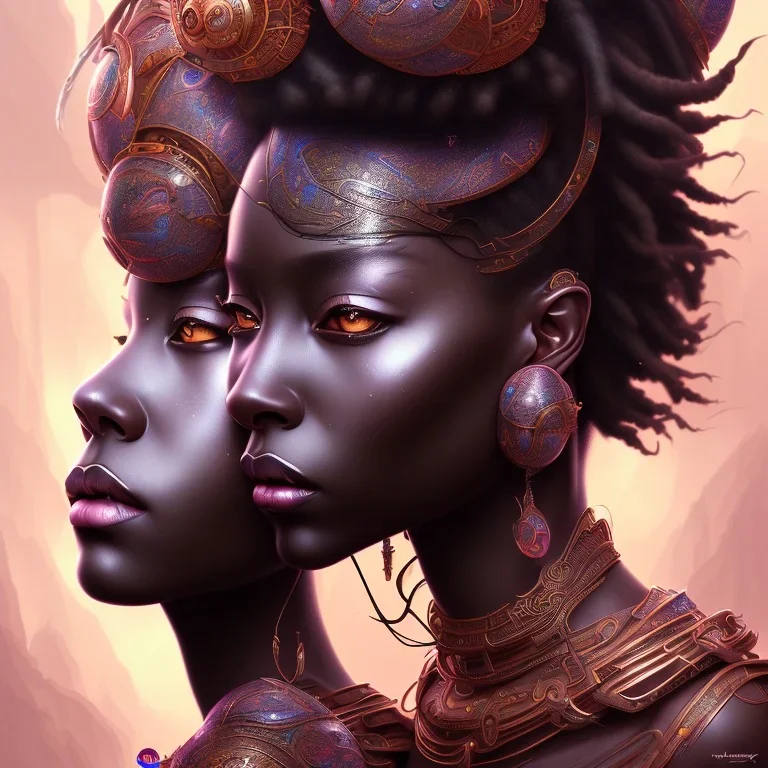 sango fantasy, fantasy magic, intricate, sharp focus, illustration, highly detailed, digital painting, concept art, matte, masterpiece head sexy lady body black African beauty space lady black leopard skin one head African afro sun