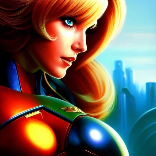 portrait of beautiful busty Samus Aran (Metroid Series) painting by Brom , oil on canvas, cinematic composition, extreme detail,fit full head inside picture,8k