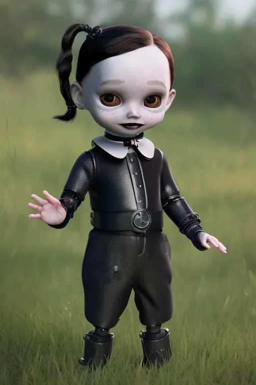 Wednesday Addams toddler, robocop, full body, jump, bokeh, hyper realistic