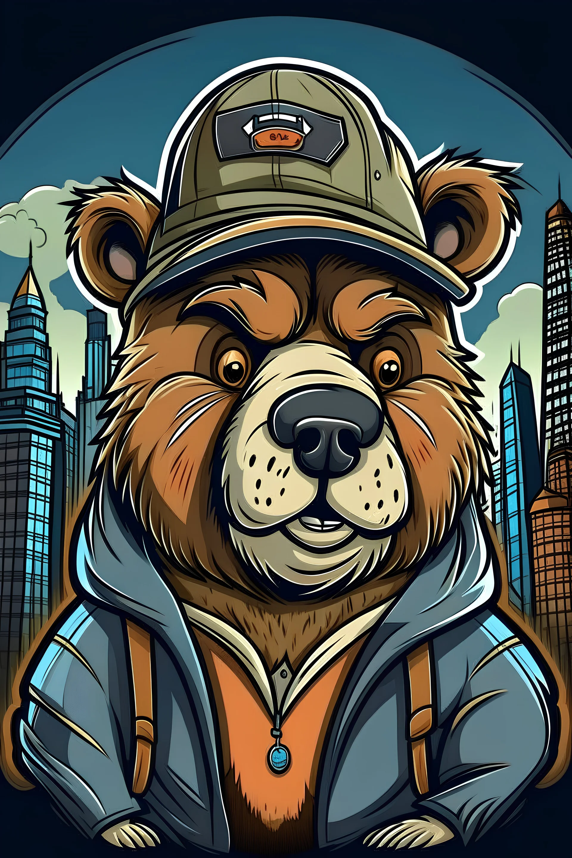 bear portrait like cartoon network style old school hip hop style new york background