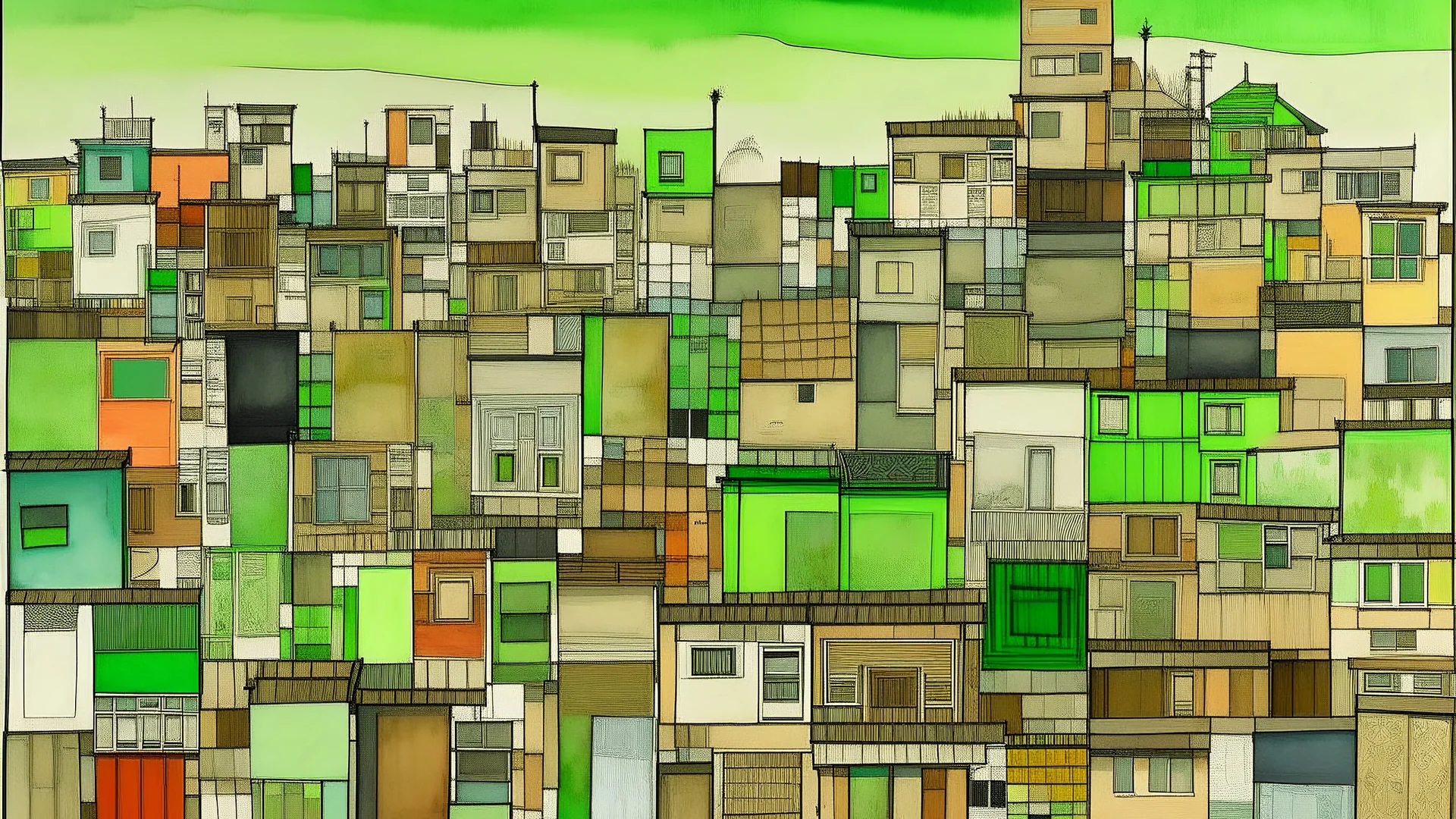 An outdoor eye level view of an abstract painting showing a large group of homes that are all different shades of green, from the bottom up to the top. There is white text on the houses that is colored brown, there are also variations in colors that make up the houses. The house on the left is made up of larger rectangular tiles that have trimmed edges and gray sand. Surrounding the house on all sides are taller green trees that extend upwards and outwards and towards the top left corner. On top