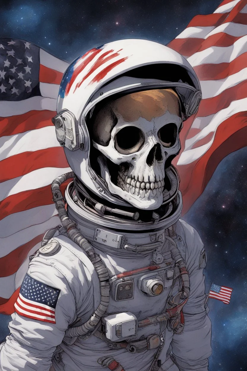 A close up of a skeleton face looking shocked, in an astronaut helmet and suit floating in space. inside the hollow eyes are red shining lights, scary. On his suit is an American flag and in his one hand is a small wavering American flag, on it is written "boned in the USA". From the back of his suit is blowing out blue, white and red smoke. Realistic, 8k, highly detailed, funny