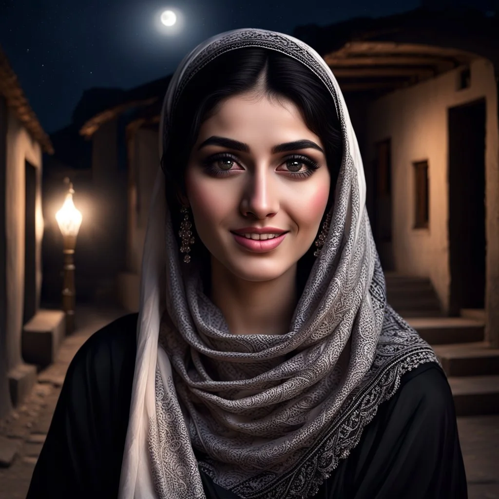 Hyper Realistic Photographic-View Of a Beautiful Young Happy Pashto Woman With Beautiful Eyes, Nose, Pink-Lips & beautiful-Black-hair wearing black-dress & covering herself with white shawl & happily-waiting outside her vintage house carrying-a-Diya with moonlight-rays-on-her-face at dark night showing dramatic & cinematic ambiance.