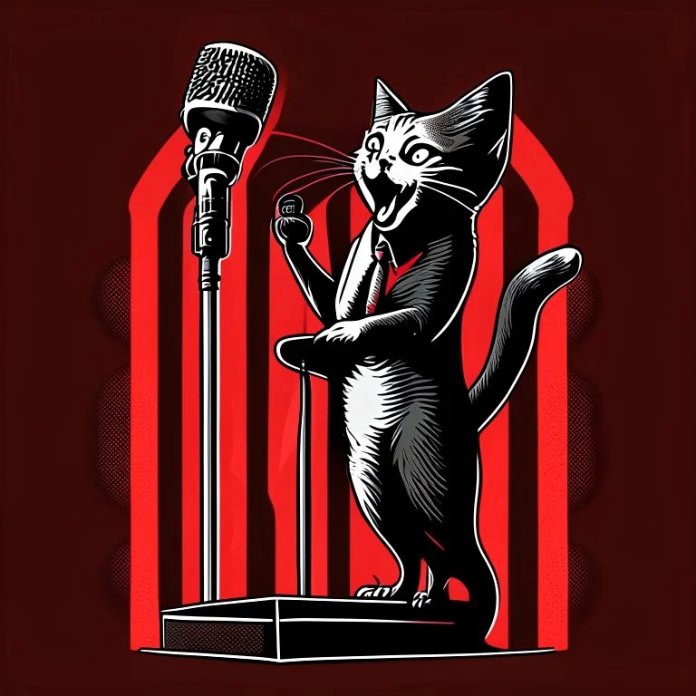 Ilustración vectorial de un gato antropomorfico hablando en un atril con micrófono, colores negro, blanco y rojo, fondo negro