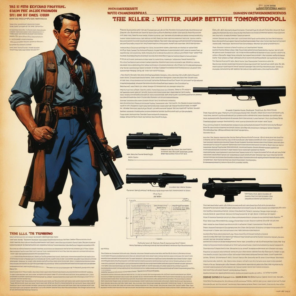 character concept sheet with AD&D statistics and characteristics, [high res photo by Norman Rockwell for Beyond the Supernatural] the jump with one gun in each hand iconic scene by John Woo (A Better Tomorrow, The Killer, Hard-Boiled)