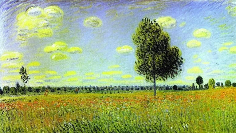 Sunny day, prairie, tree, flowers, alfred sisley painting