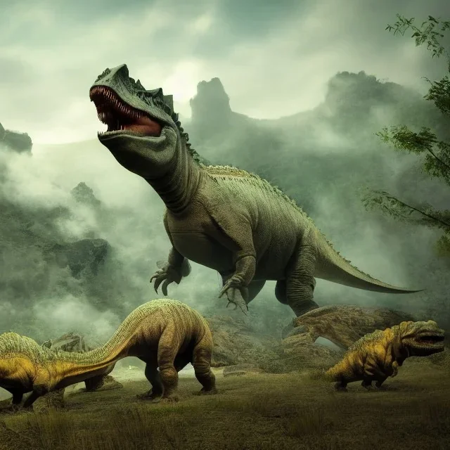 dinosaurs, active volcano, ash, forest, dynamic lighting, dynamic movement, panorama, wide-angled lense, DSLR, dramatic, 8k resolution concept art hyperdetailed dystopian 8k resolution holographic, t-rex, stegosaurus, triceratops, allosaurus, diplodocus