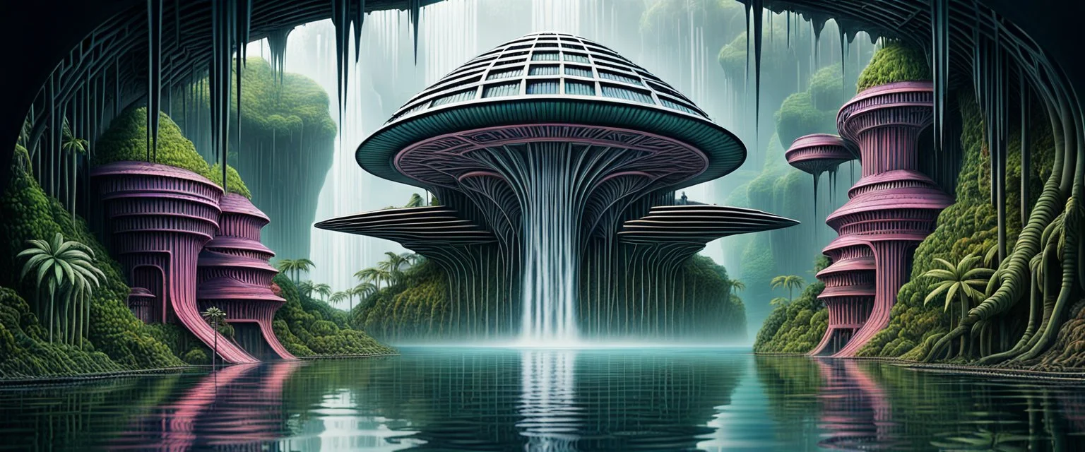 geometric alien space port building in water in front of jungle waterfall colorfull dork neck bambooza schizoid dreams in the style of giger and escher