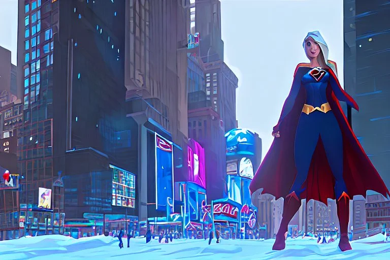 Supergirl building a giant snowman in Times Square.