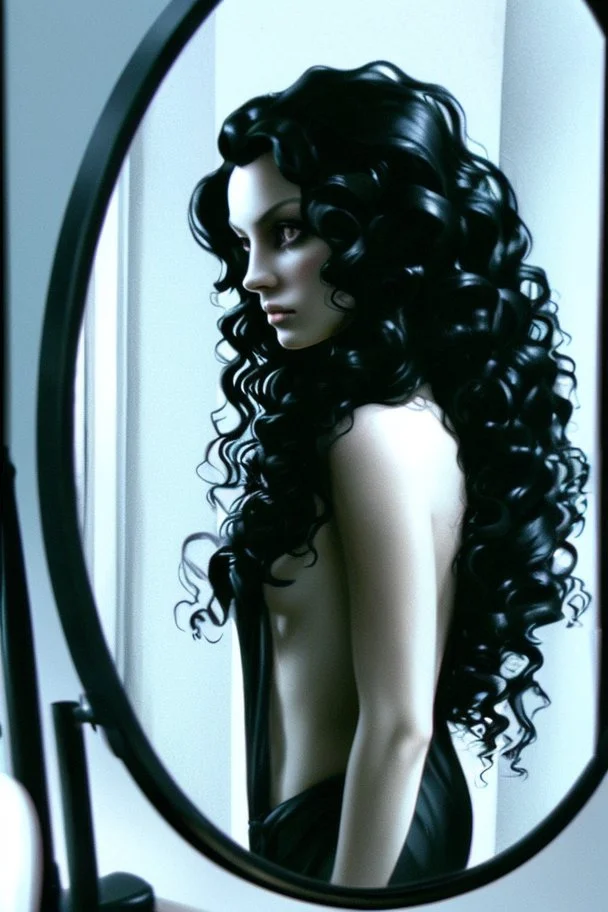 Close up of a beautiful woman with long curly black hair standing in front of a mirror, she doesn't see, but her reflection in the mirror is a dark demon with intense scary eyes looking back at her. Super realistic, 8k high quality