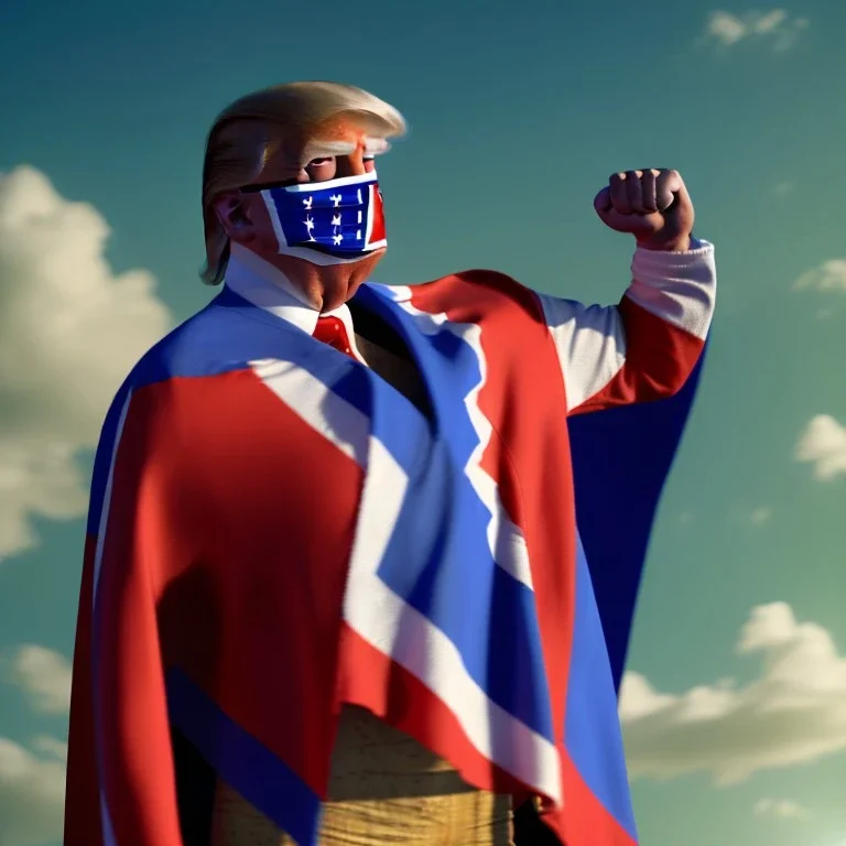 realistic image of donald trump as a mexican wrestling fighter posing outdoors, Mexican eyes wrestling mask, red and blue breeches, confederate flag cape, retro style, 80s, vibrant color, highly detailed, sky background, concept art, unreal engine 5, god rays, ray tracing, RTX, lumen lighting, ultra detail, volumetric lighting, 3d, finely drawn, high definition, high resolution.