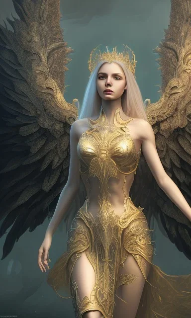 Female angel with beautiful perfect face big wings and golden crown floating above the ground in the dark enviroment, anatomically correct, michelangelo style, detailed, world of warcraft style, dark forest, trees, painting, brush strokes, 8k, dark forest in the background, dramatic camera view