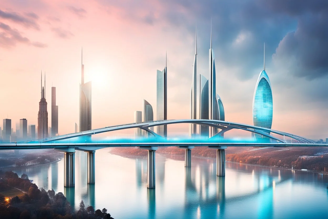 Dreamlike Skyline of Downtown futuristic hightech city in 4050 and a stunning futuristic Bridge During with dark clouds and storm, over the azur-silver color river, cold colors, come storm, high detalied, sci-fi, landscape