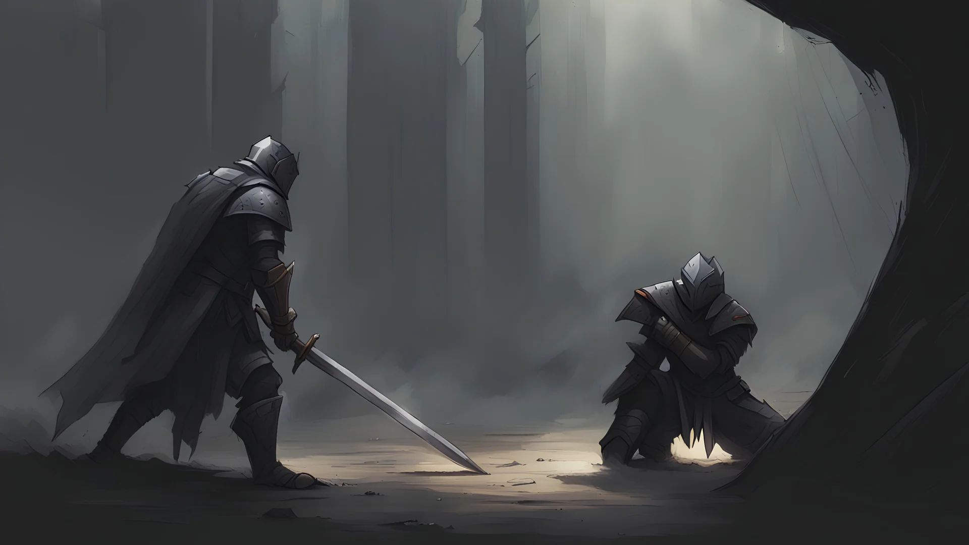 a defeated knight crawls in front of the dark prince. Artistic, dnd 5e, fantasy artwork, menacing, gloomy