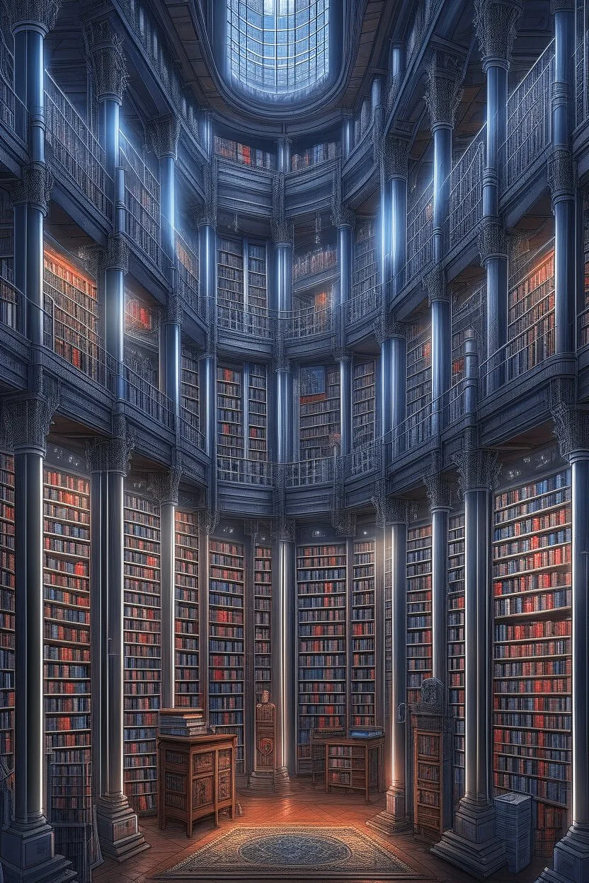 fantasy illustration of science fiction library, decorated in science fiction style with lot of books, trending on artstation, sharp focus, studio photo, intricate details, highly detailed