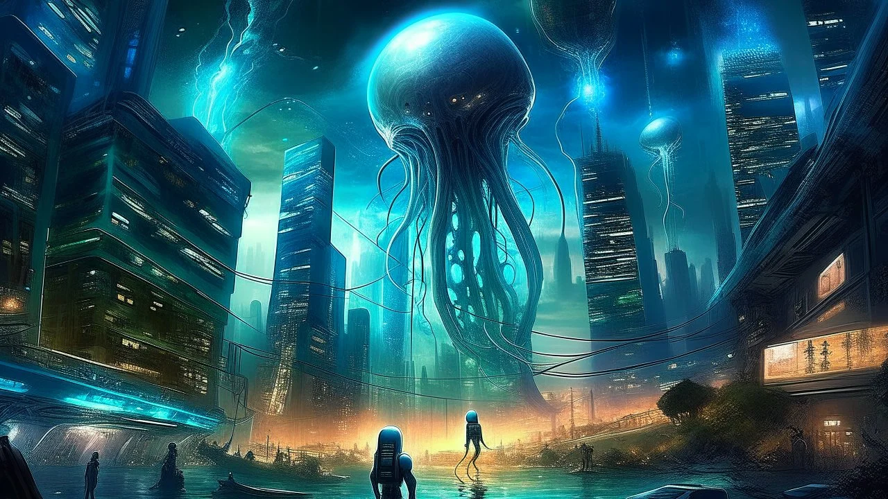 A captivating depiction in digital form, showcasing a plethora of extraordinary extraterrestrial creatures thriving within a surreal and lively ghosts realm. This imaginative artwork embodies the essence of science fiction, presenting a medium shot composition with fantastical beings that are unique, belonging to a world beyond our own. A modern city out of this world enhanced by atmospheric lighting, and breathtaking landscapes.