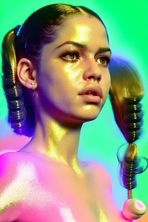 Rosalía artist, Realistic image, natural waist up portrait, perfect eyes, glow, circle iris, eye liner. pigtails hair, face, spray line make up, glow. lips, gold. big rings piercing, led ornament, pearls. coat, latex, inflatable, hot, led lights, minimal, neon, pink, blue, gold, vibrant color, highly detailed, art stations, concept art, smooth, unreal engine 5, god lights, ray tracing, RTX, lumen lighting, ultra detail, volumetric lighting, 3d, finely drawn, high definition, 4k.