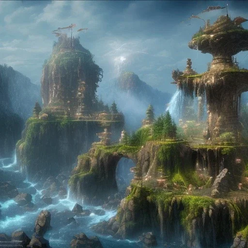 New Land by Einstein with waterfalls, 3d, high detail, symbols, 4k, ray traing, render, future punk, steam punk, magic in blue colors, orcs fighting in the background