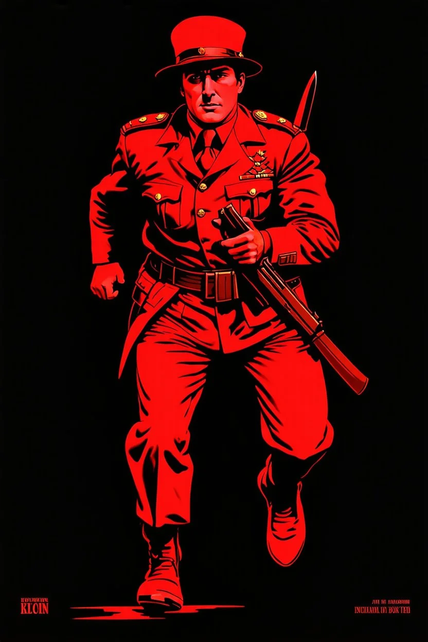 poster of a soldier(uniform and face based on racist steriotypes of canadian soldiers) running towards viewer, a knife i one hand, and a gun(barrel pointing at viewer) in the other. retro poster monochrome with white background