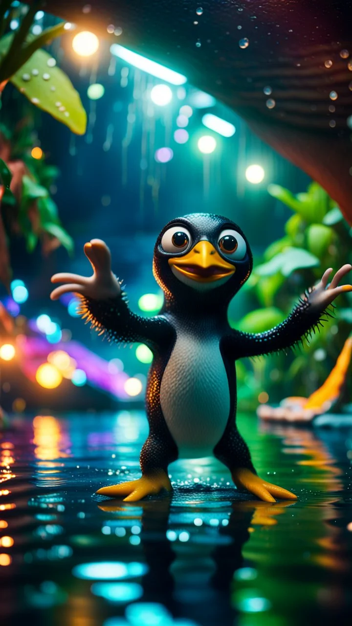 selfie by pimp rocker alien penguin gremlin diving in water slide in the middle of crazy dance moves dancing in dark lit reflective wet jungle hall tunnel,bokeh like f/0.8, tilt-shift lens 8k, high detail, smooth render, down-light, unreal engine, prize winning