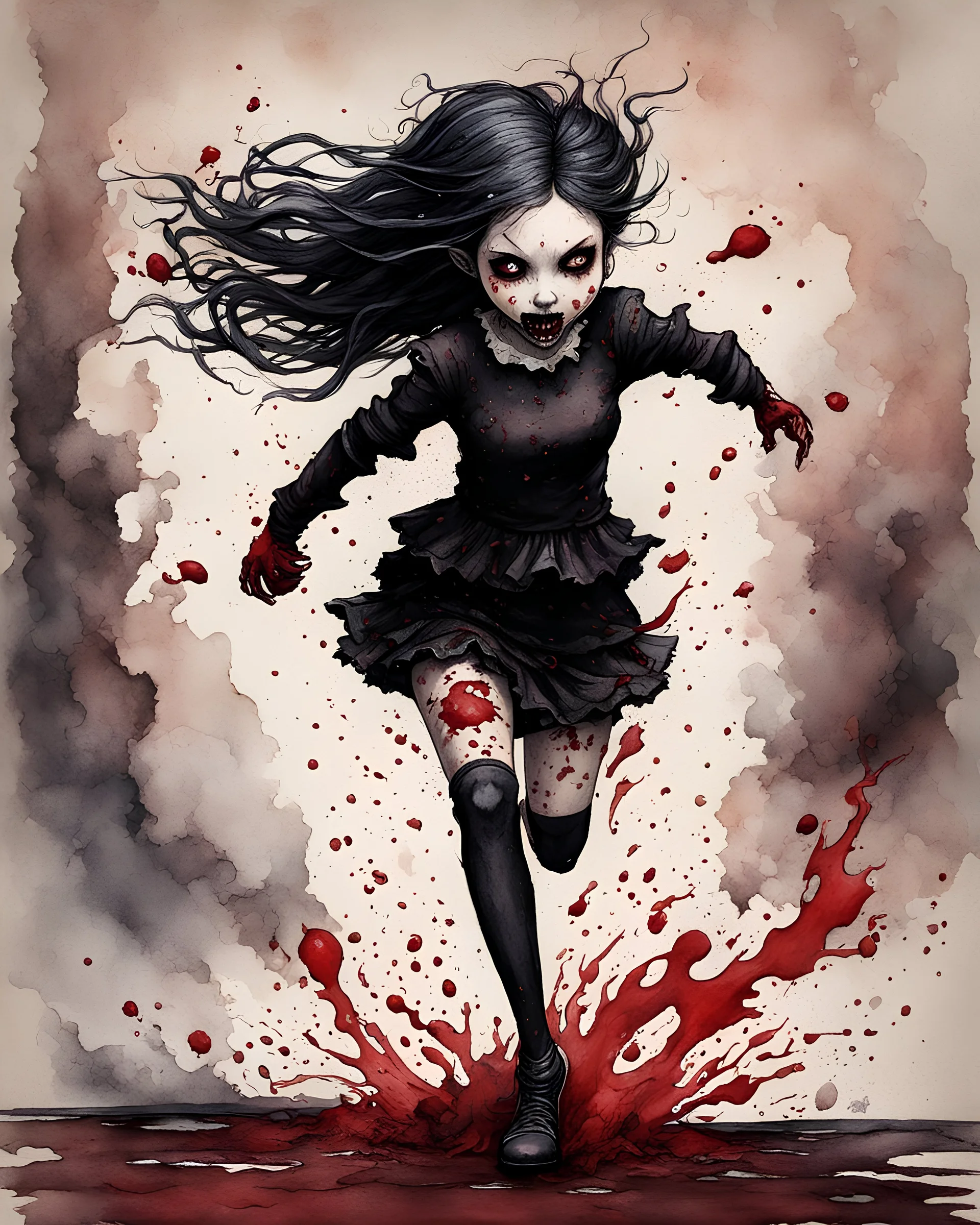 Petit girl goth, run pose, fullbody, splashes blood, behind guts rising from the ground, watercolor illustration by <John Kenn Mortensen>, darkred tones,