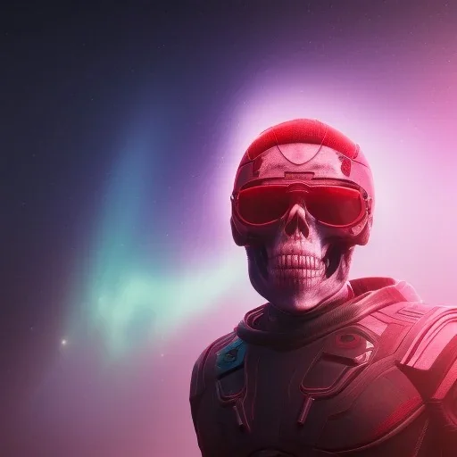 Midjourney style of detailed and intricate skull wearing red sunglasses| wearing cosmonaut suit| portrait and science fiction theme| aurora lighting| nebula and stars| stunning environment| volumetric lighting| vibrant