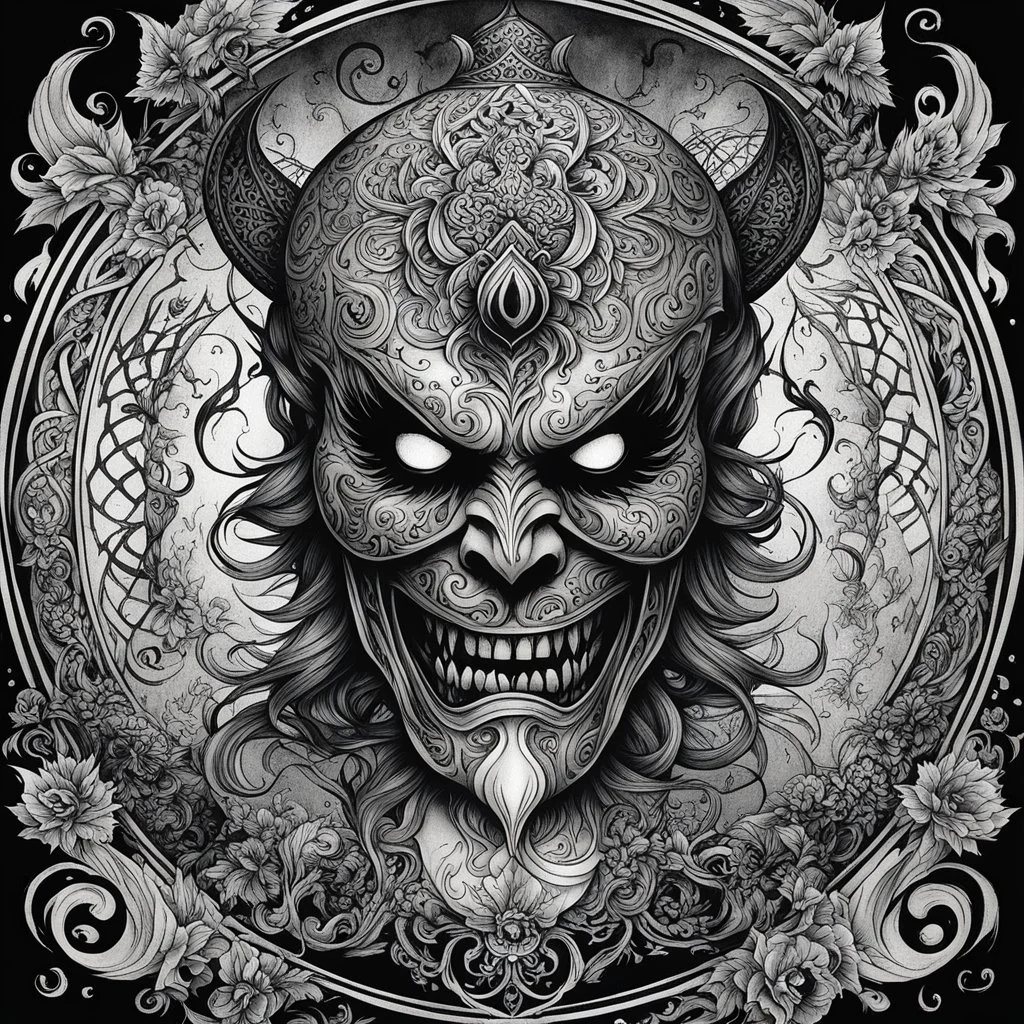 The tattooed killer lantern hovers ominously, its intricate patterns of swirling ink glowing with a malevolent energy. The figure's eyes widen in terror as they realize the true nature of this haunting presence. The tattooed designs on the lantern seem to come alive, shifting and writhing as if possessed by a sinister force. Each mark tells a story of death and despair, a grim tapestry of fate woven into the very essence of the lantern itself. The air is heavy with a sense of impending doom.