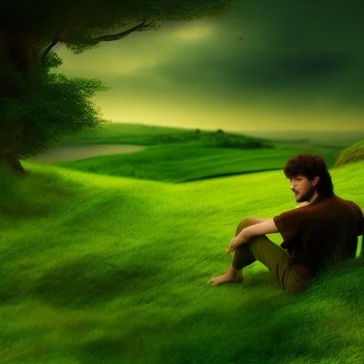 Landscape, the shire, fantasy, green, Brown, warm, a man sitten by the shore