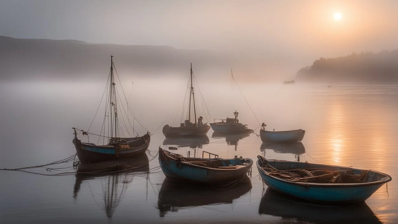 Fishermen’s boats anchored around a Scottish harbour near a fishing village, fishermen putting fishing nets on their boats, mist covering the distance, the moment the sun rises, beautiful romantic photograph, excellent composition, atmospheric, realistic