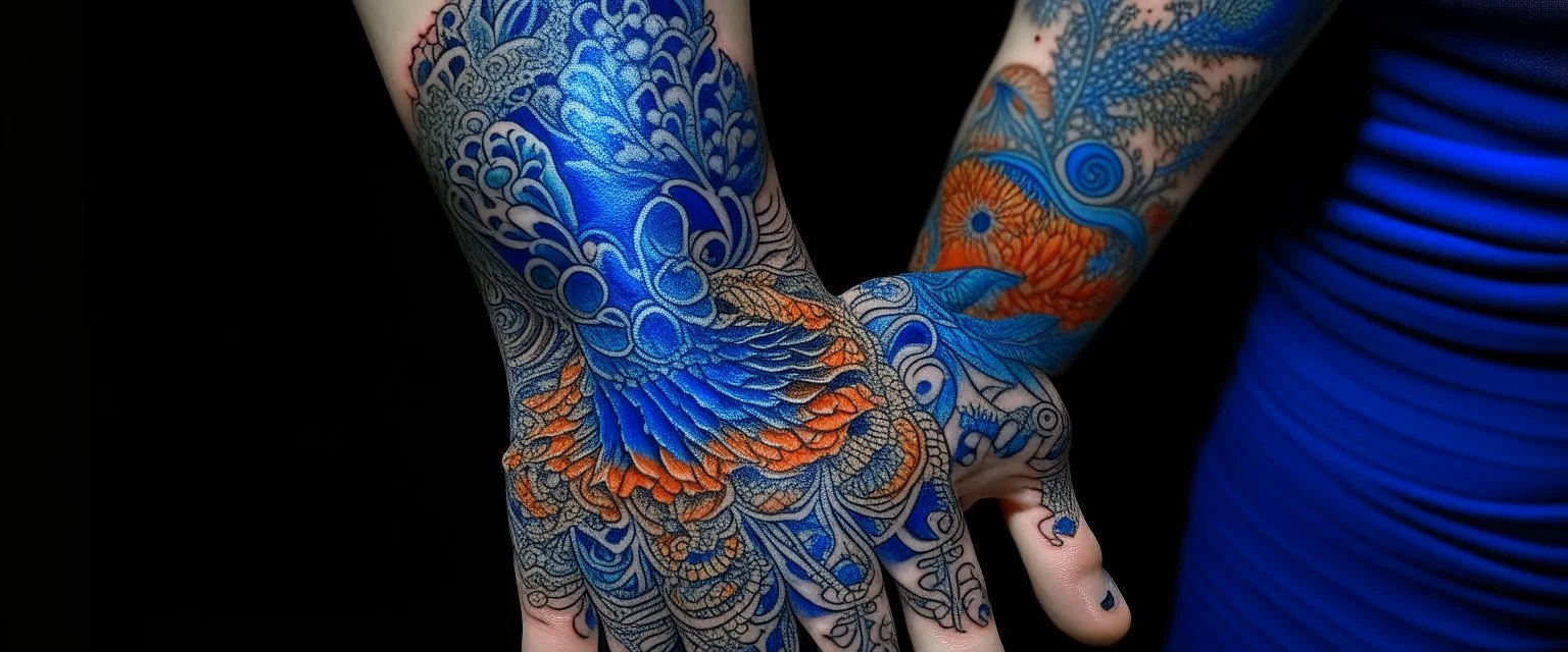 A dark blue deep ocean with a coral reef designed in Mehndi design painted by Michelangelo di Lodovico Buonarroti Simoni