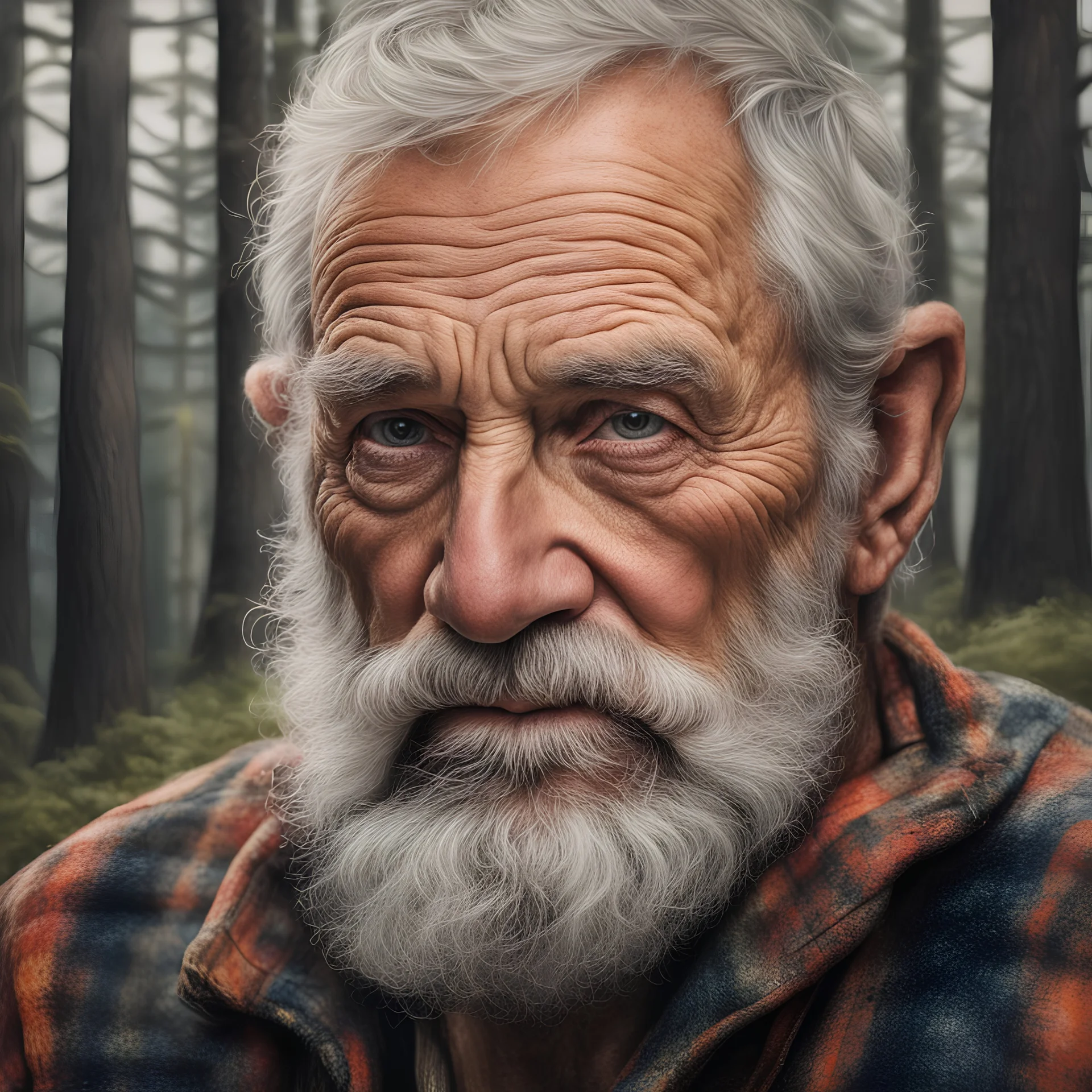 hyperrealistic portrait of a timeless ruggedness of an older lumberjack, surrounded by the enchanting embrace of nature, skin pores, pores