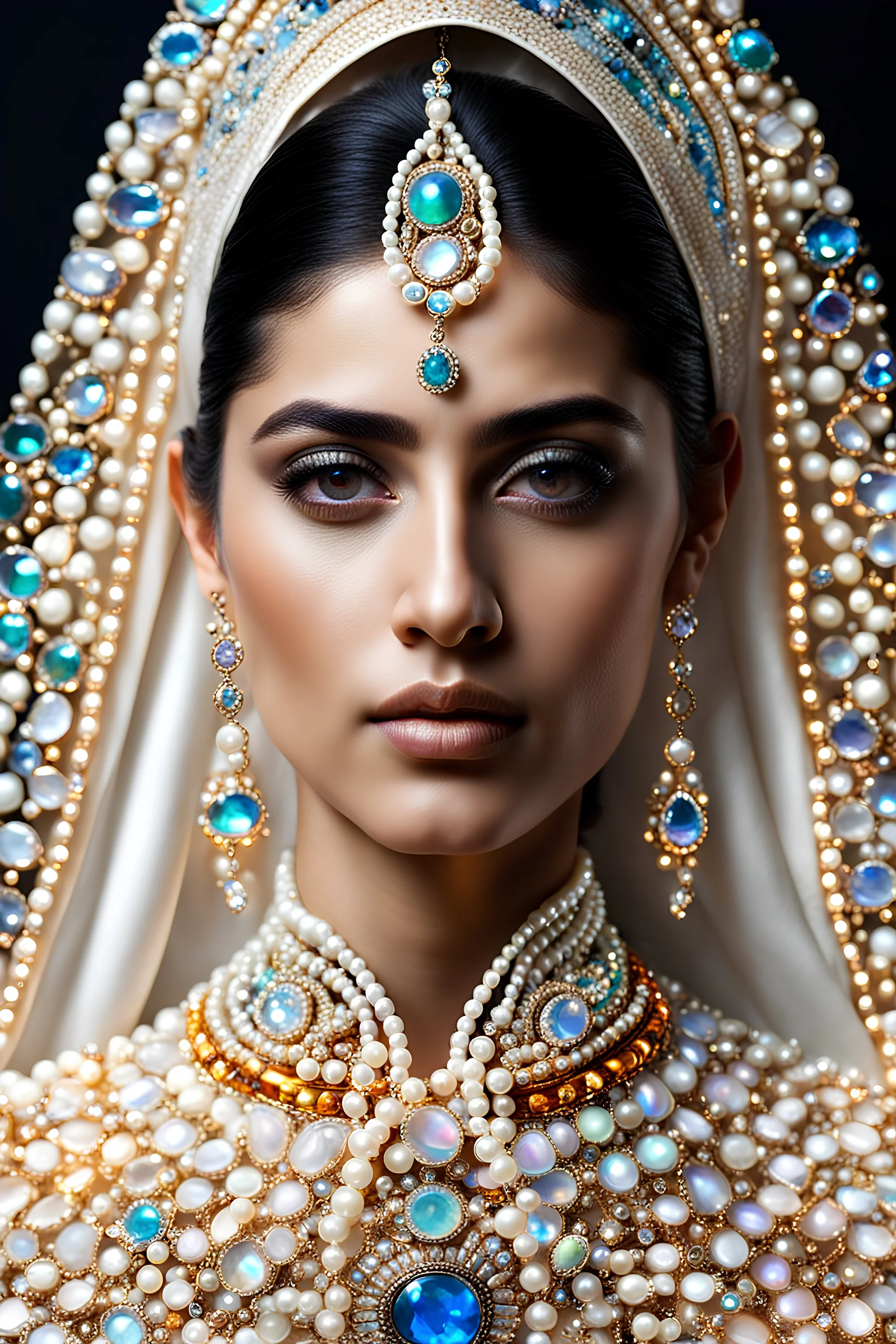 beautiful iranian female, wearing pearlescent cut gemstones with led light emitting beams of light, realistic leather curves, intricate