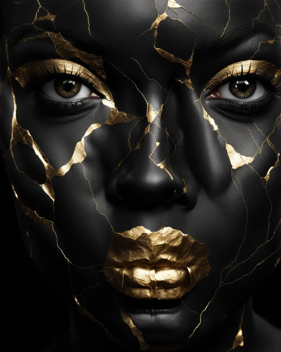 a beautiful black woman face made of kintsugi seam, photo realistic, 16K