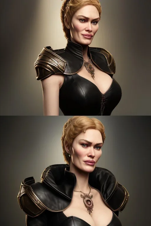 Cersei Lannister as evil queen in black leather, busty, cleavage, curvy, lena headay, angry, stern look. character design by cory loftis, fenghua zhong, ryohei hase, ismail inceoglu and ruan jia. unreal engine 5, artistic lighting, highly detailed, photorealistic, fantasy