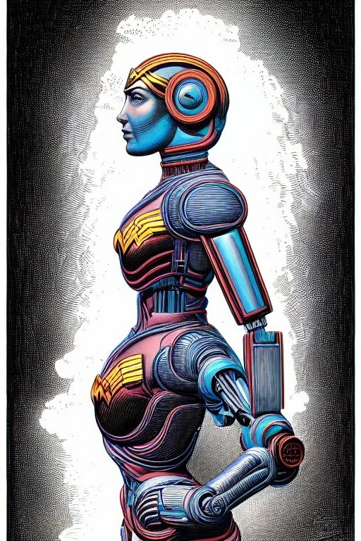 a vibrant ultraclear sideview waist up portrait of the wonder woman robot by rene magritte and laurie greasley, etching by gustave dore, colorful flat surreal, ethereal, intricate, sharp focus, illustration, highly detailed, digital painting, concept art, masterpiece