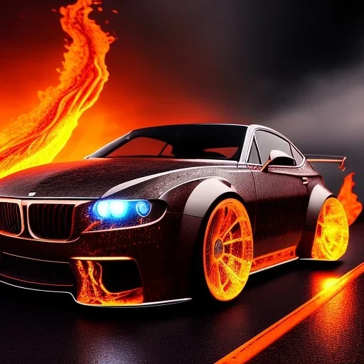 sweeping view of detailed phong shaded rendering of a car made of molten lava, headlights, bumpers