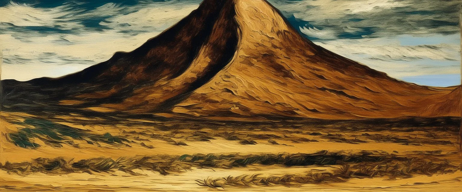 A brown mountain covered in sand painted by Vincent van Gogh