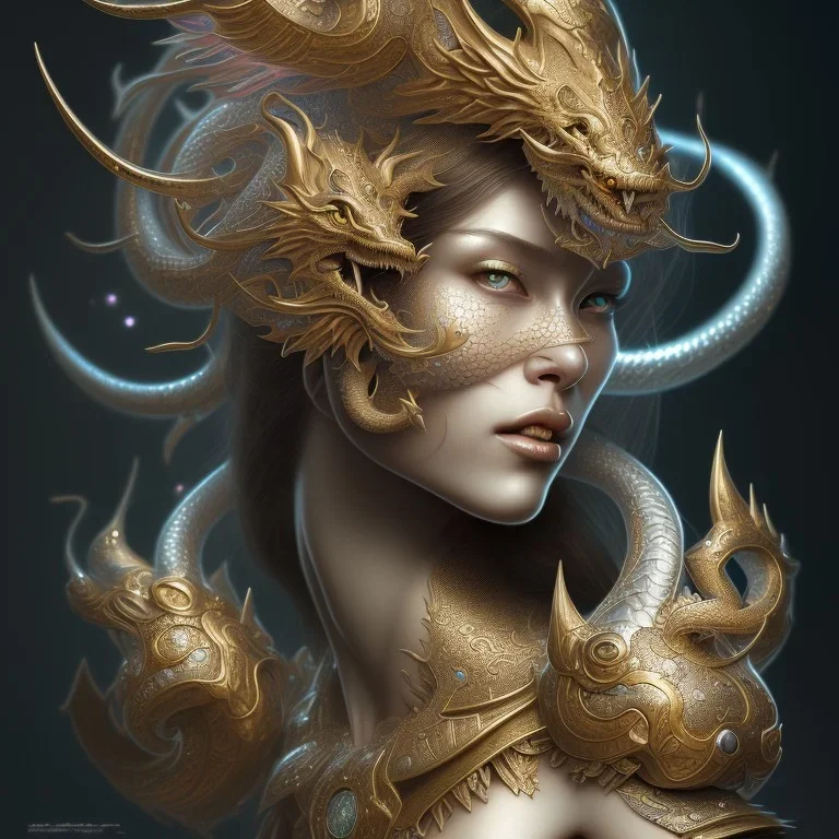 sango fantasy, fantasy magic, intricate, sharp focus, illustration, highly detailed, digital painting, concept art, matte, artgerm and paul lewin and kehinde wiley, masterpiece silver dragon head golden Asian nice breast Afo woman black waves