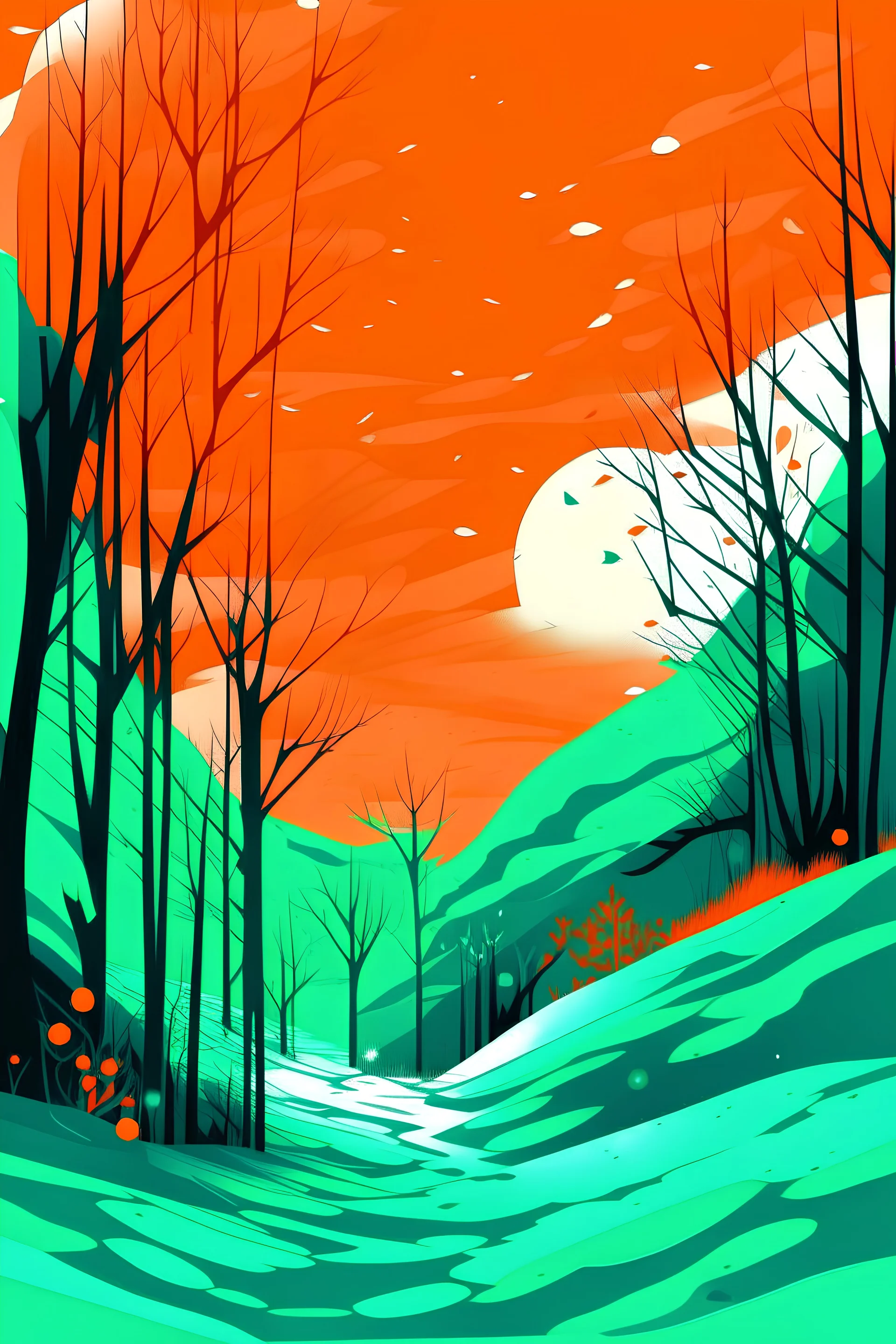 winter scene, abstract, vaporwave, orange green