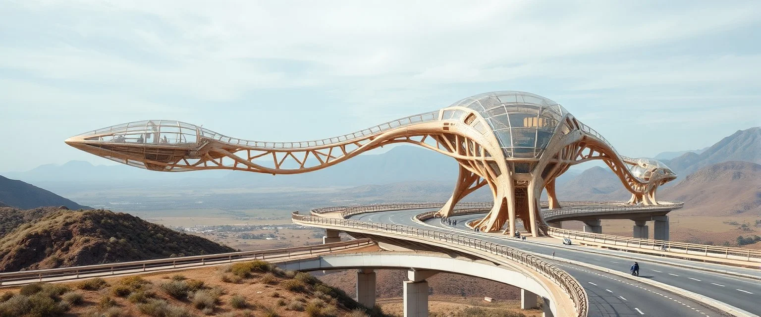 benign transparent superwood alien space craft structure superwood highway bridge with exoskeleton in the style of Dali