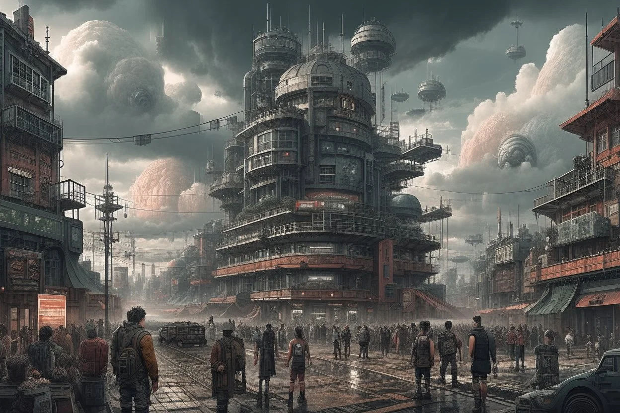 cloudy day in a cybverpunk city, people, sci-fi