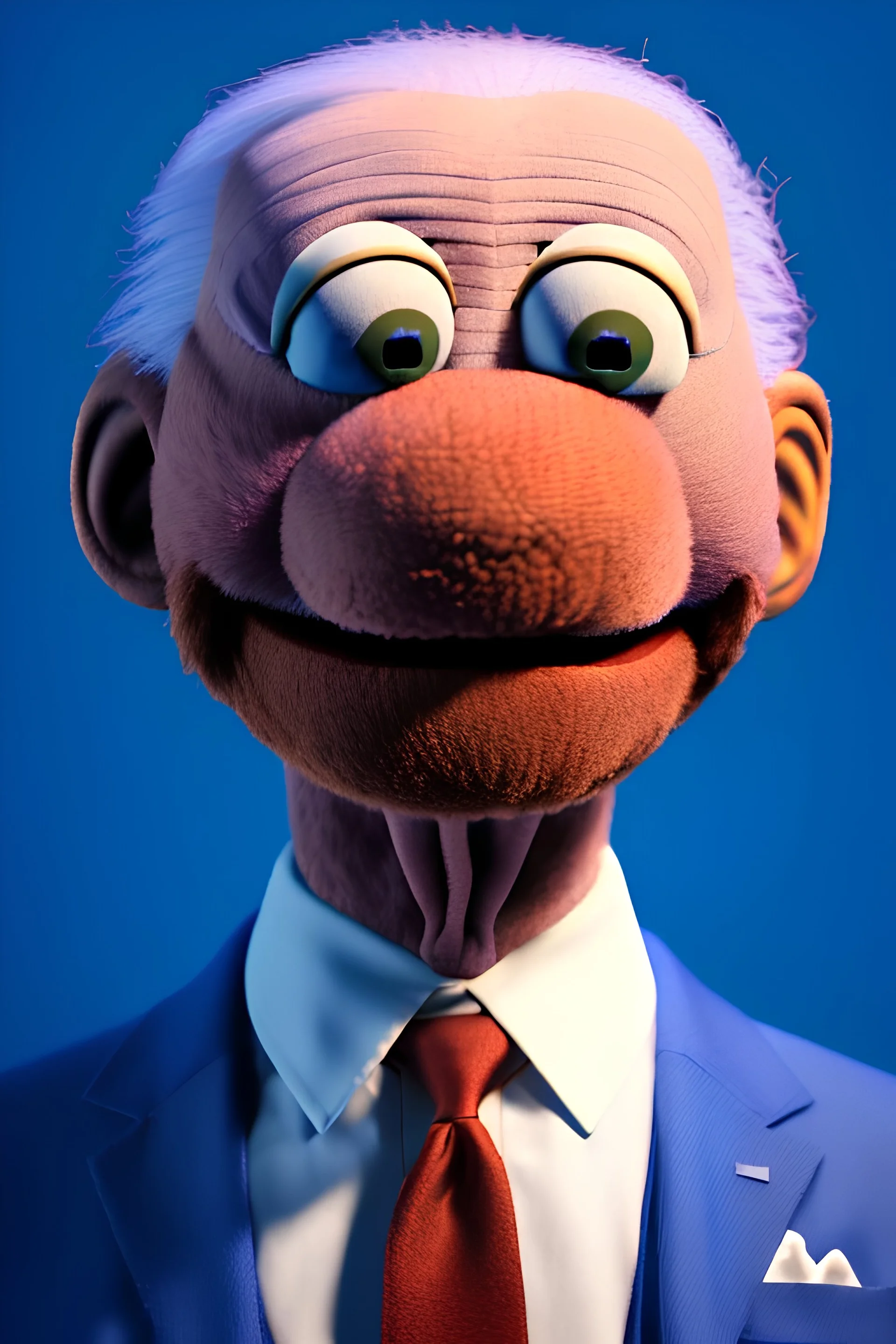 Waist up muppet Portrait, joe Biden as muppet doll, Blue suit, photo studio, blue background, unreal engine 5, concept art, art station, god lights, ray tracing, RTX, lumen lighting, ultra detail, volumetric lighting, 3d.