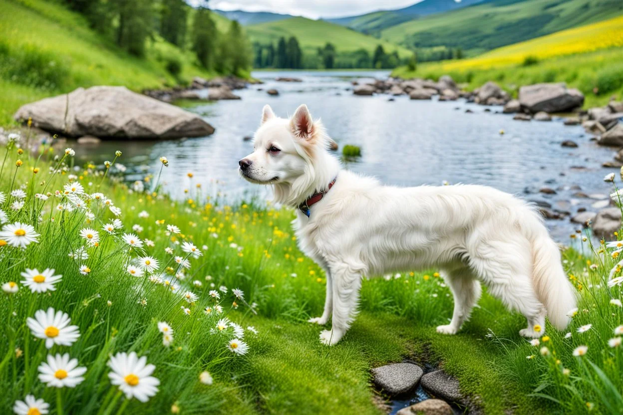 a lovely white dog in country side in green field flowers next to a river with clear water an small rocks in its floor