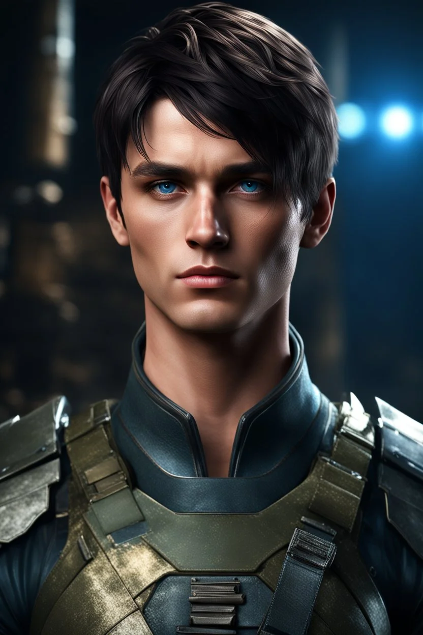 27 year old male with short dark hair and blue eyes standing with his arms folded, military, photorealistic, 4k, dark fantasy