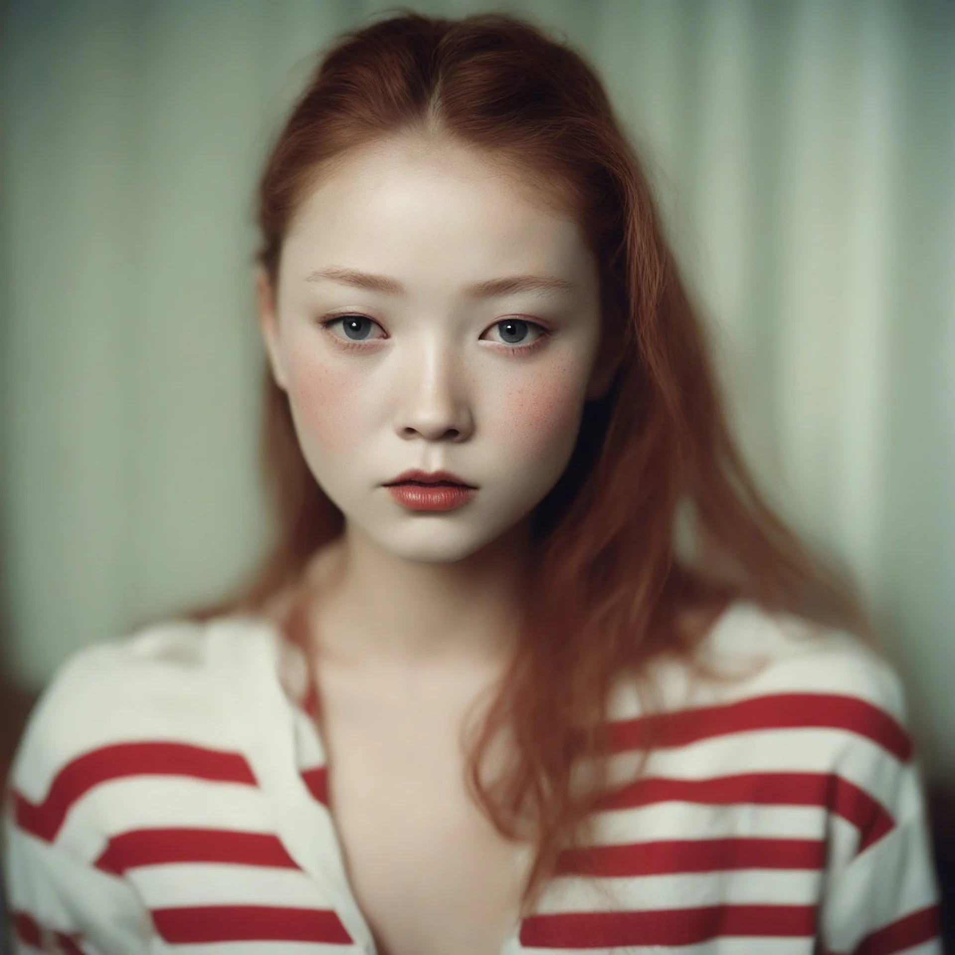 devon aoki with freckles on her faceand red cheeks, in a bedroom, autochrome, background with red and white stripes